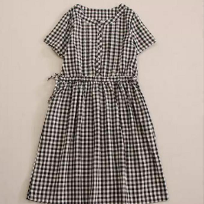 夏の新モデル チェック 半袖 ゆったり 丸首 ワンピース