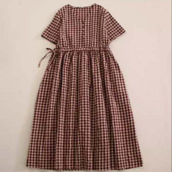 夏の新 Vネック チェック 半袖 ワンピース ゆったり ロングスカート