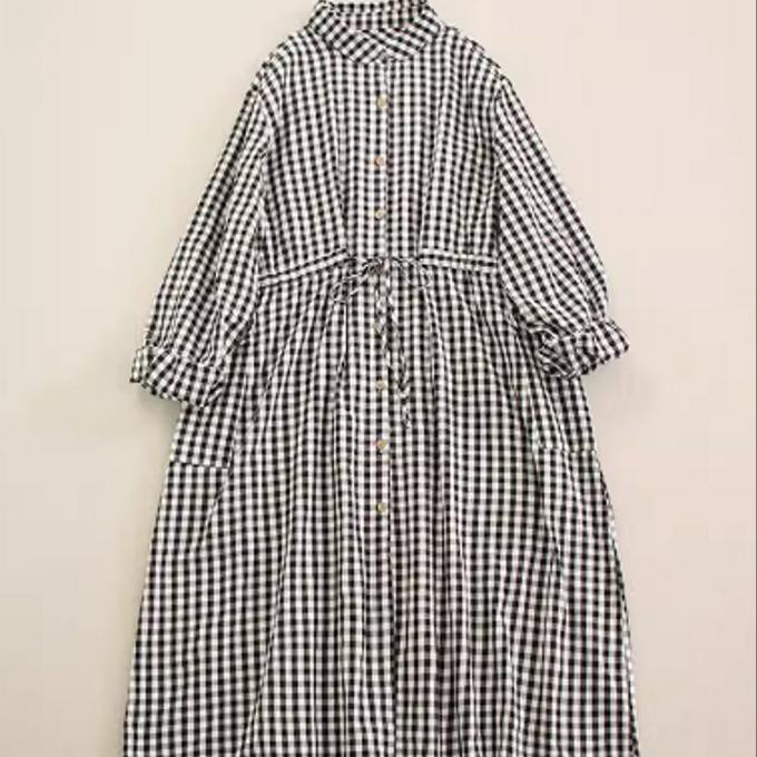 春の新しい チェック 長袖 ワンピース ゆったり ロングスカート