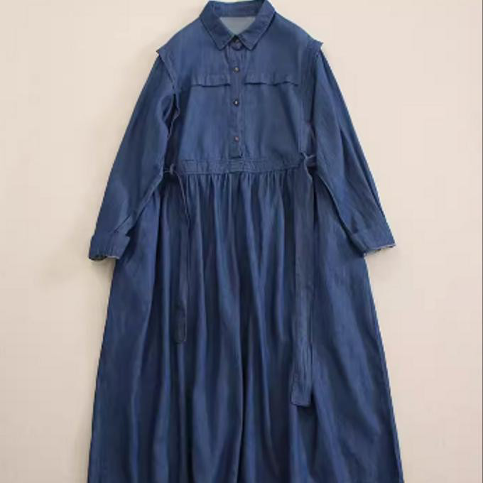 春の新型 レトロ デニム 長袖 ワンピース ゆったり ロングスカート