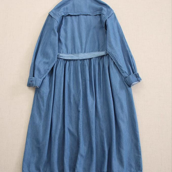 春の新型 レトロ デニム 長袖 ワンピース ゆったり ロングスカート