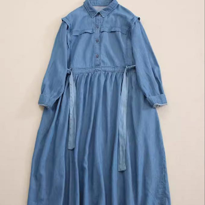 春の新型 レトロ デニム 長袖 ワンピース ゆったり ロングスカート