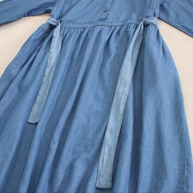 春の新型 レトロ デニム 長袖 ワンピース ゆったり ロングスカート