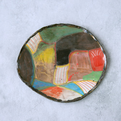 森の中の家と鳥（日本の里）・色絵四角皿