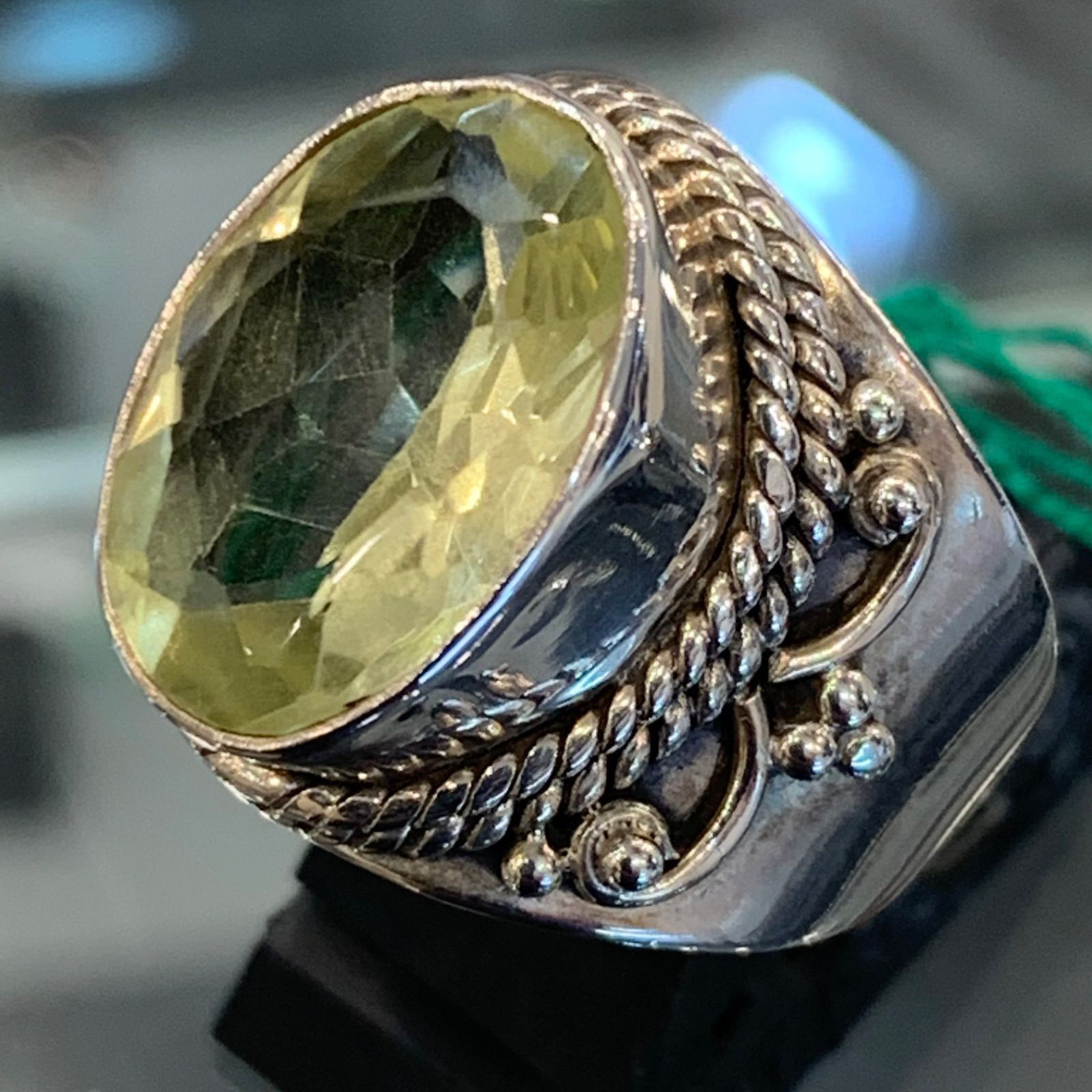 シルバーリング シトリン  天然石 ダイヤモンドカット ハンドメイド 指輪12号　シルバー925 イエロー 透明