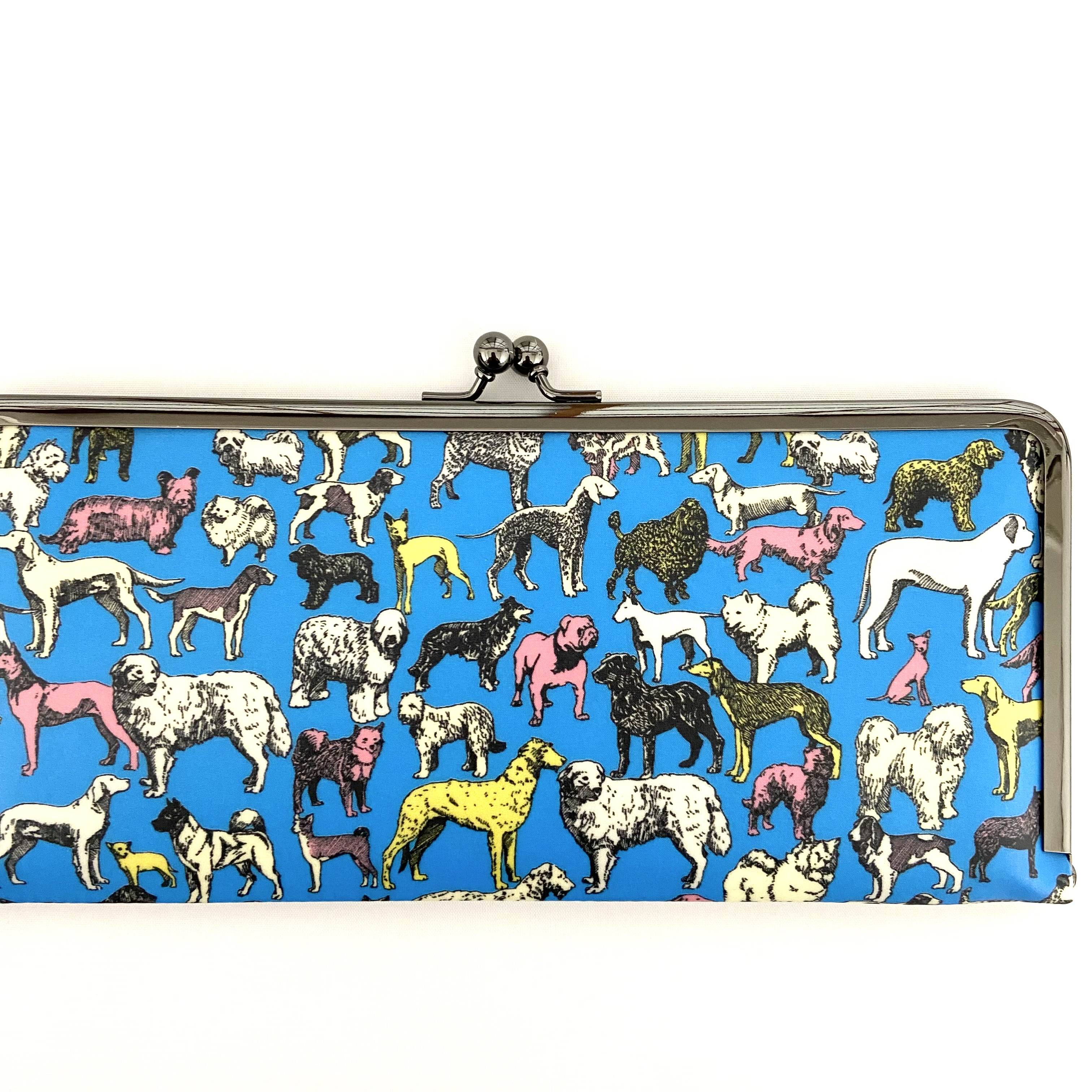 ＊ラミネート＊ がま口長財布 スリム ベスト・イン・ショウ ブルーピンク 犬 リバティプリント使用