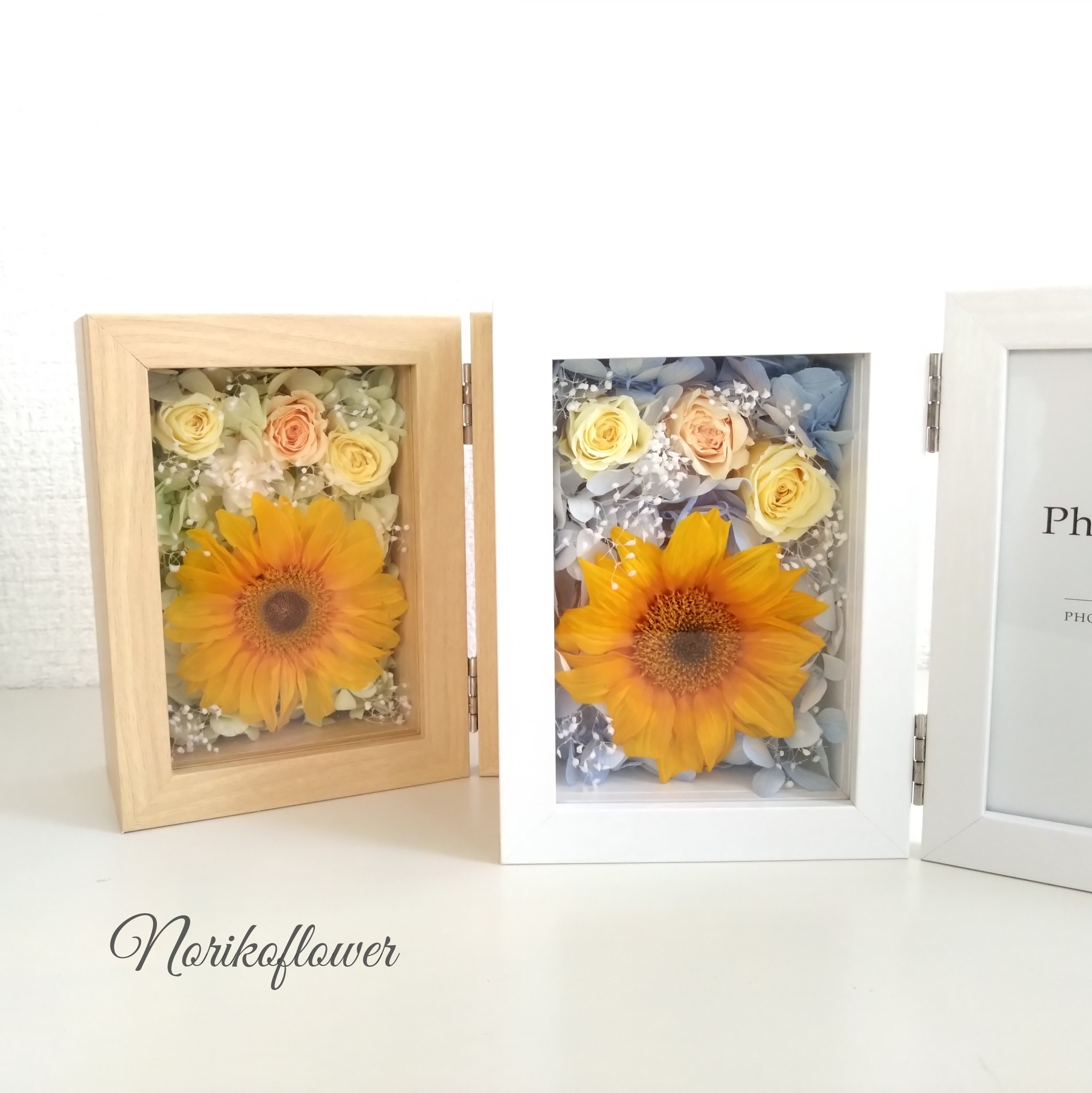ひまわりとローズの写真立て　プリザーブドフラワー　フラワーフォトフレーム　L版サイズ　フラワーギフト　誕生日　両親贈呈品