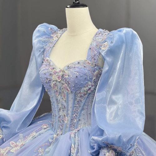 買わないと損 オーロラ ブルー紫 オーガンジー 長袖 スクエアネック