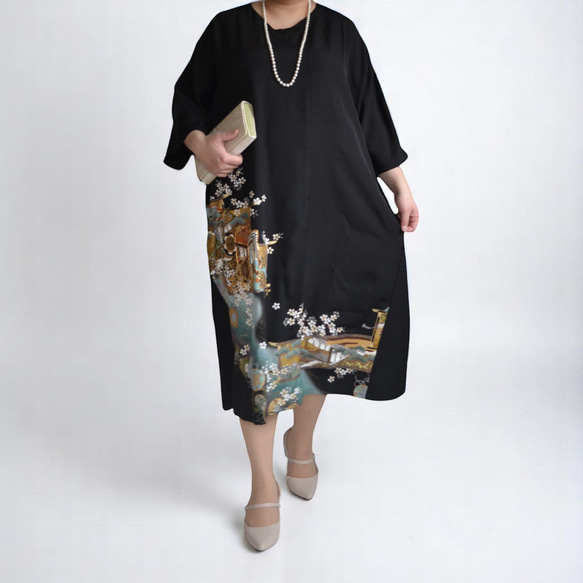 3XL ,着物リメイク,上品ワンピース, 黒留袖リメイク ワンピース, ,上品