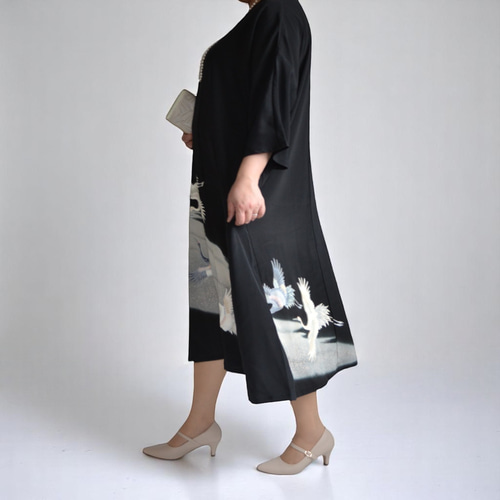 3XL ,着物リメイク,上品ワンピース, 黒留袖リメイク ワンピース, ,上品