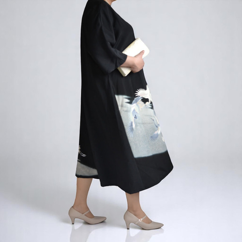 3XL ,着物リメイク,上品ワンピース, 黒留袖リメイク ワンピース, ,上品