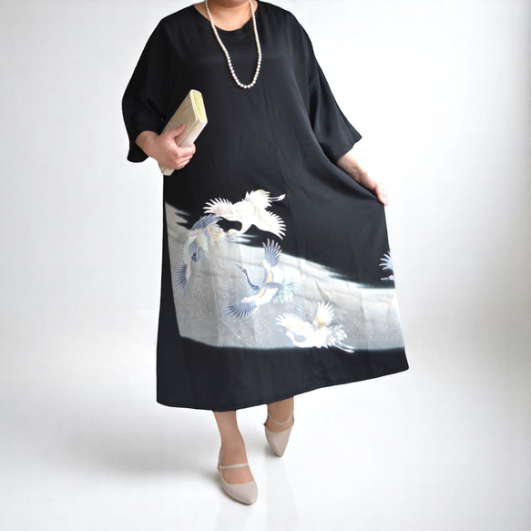 3XL ,着物リメイク,上品ワンピース, 黒留袖リメイク ワンピース, ,上品