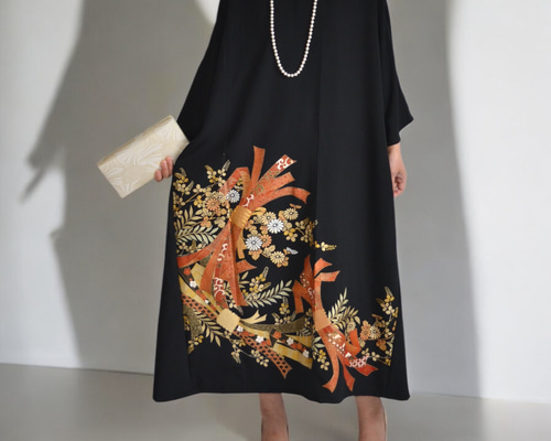 3XL ,着物リメイク,上品ワンピース, 黒留袖リメイク ワンピース, ,上品