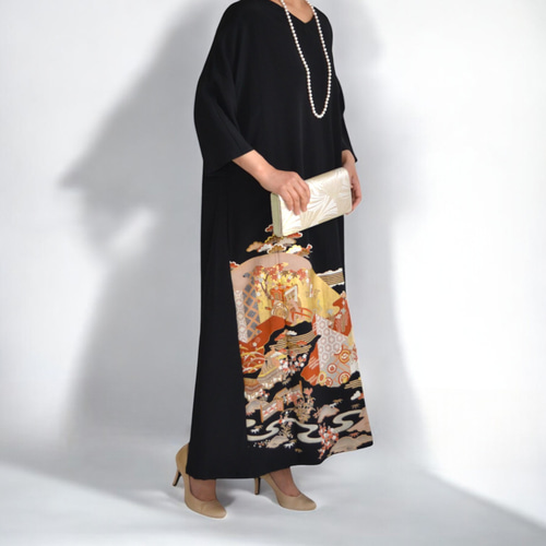 XL ,着物リメイク,上品ワンピース, 黒留袖リメイク ワンピース, ,上品