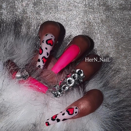 ネオンピンク レオパード ヒョウ柄 ハート ネイルチップ ネイルチップ