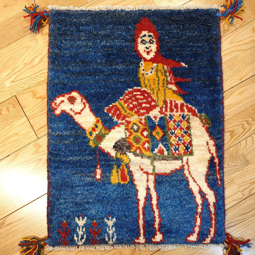 ペルシャ ギャッベ 玄関マット小 61x44cm 紺色 ラクダに乗るカシュガイ