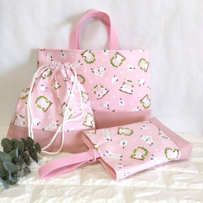 《送料無料》通園・通学3点セット・シマエナガのブランコ・ピンク　レッスンバッグ&上履き入れ&体操着袋　＃n1350