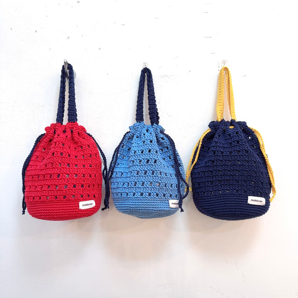 透かし編み巾着バッグ かぎ針編み ネイビー 紺 巾着バッグ Dot&Border