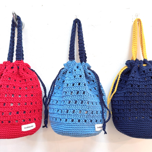 透かし編み巾着バッグ かぎ針編み ネイビー 紺 巾着バッグ Dot&Border