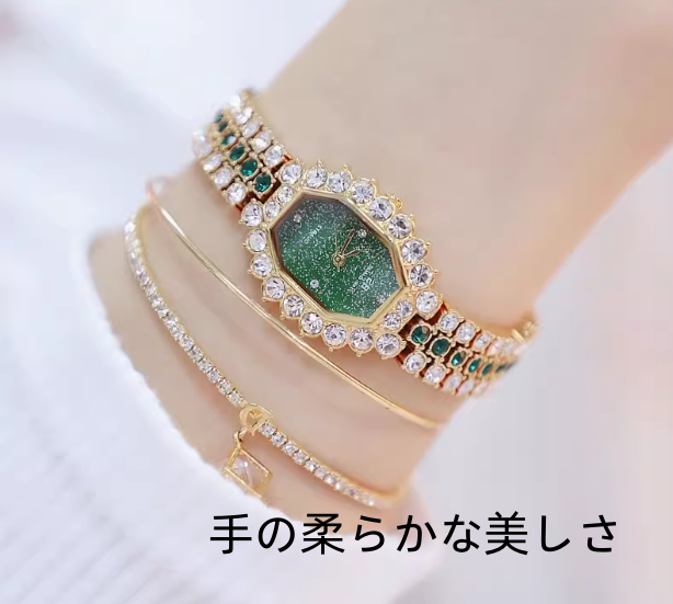 新型ファッション小文字盤レディース腕時計チェーン酒樽型フルドリル婦人時計防水グリーン時計