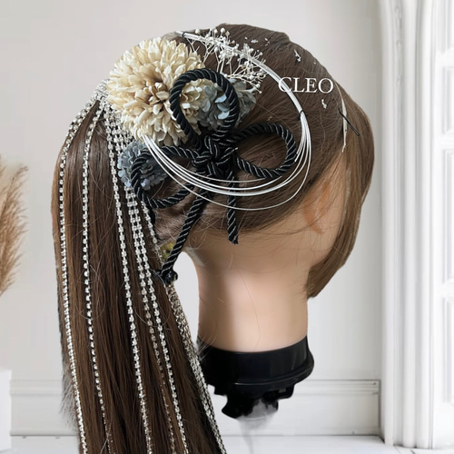 ポニーテール アップスタイル 髪飾り ヘアアレンジ 水引 シルバー 黒