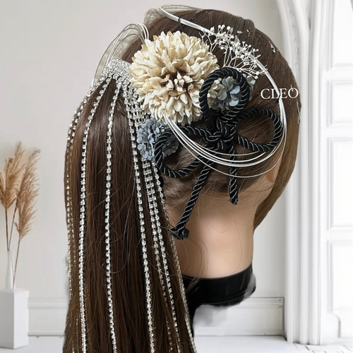 ポニーテール アップスタイル 髪飾り ヘアアレンジ 水引 シルバー 黒