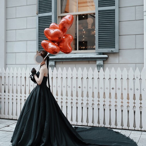 実例写真！パーティードレス ベアトップ 編み上げ ブラック 前撮り  