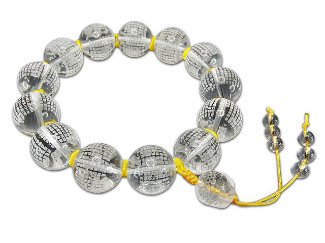 天然水晶般若心経彫り超大玉約16mm仏頭付き天然石数珠ブレスレット