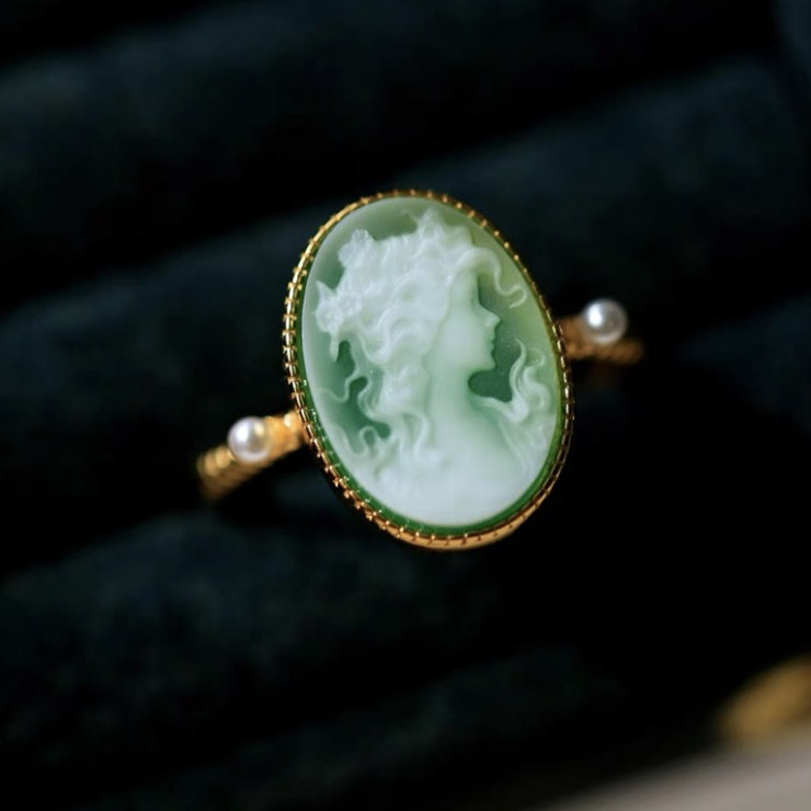 リング　指輪　ピアス　シンプル　大人かわいい　カメオ　グリーン　sv925 フリーサイズ