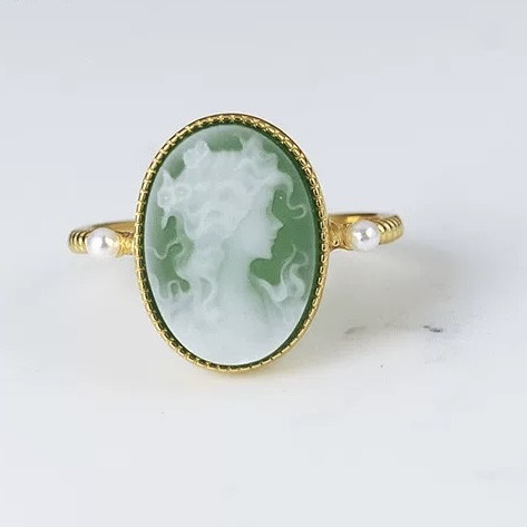 リング　指輪　ピアス　シンプル　大人かわいい　カメオ　グリーン　sv925 フリーサイズ