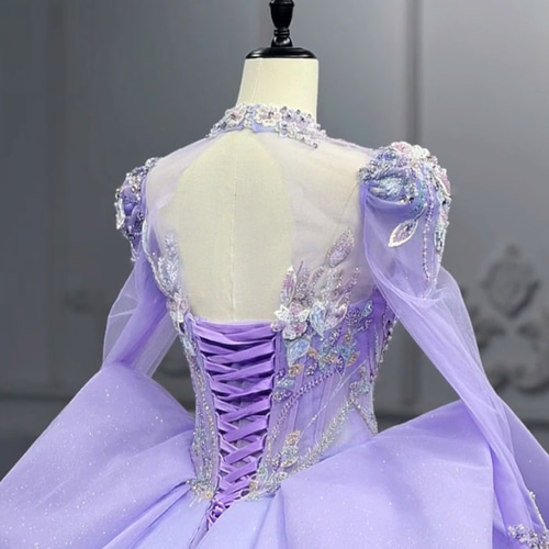 王道派女王派 パープル 長袖 vネック チュール 秋婚冬婚結婚式 カラー