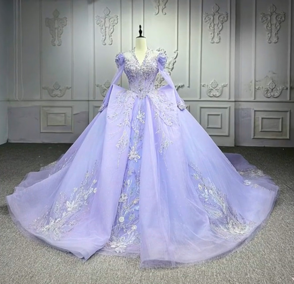 王道派女王派 パープル 長袖 vネック チュール 秋婚冬婚結婚式 カラー