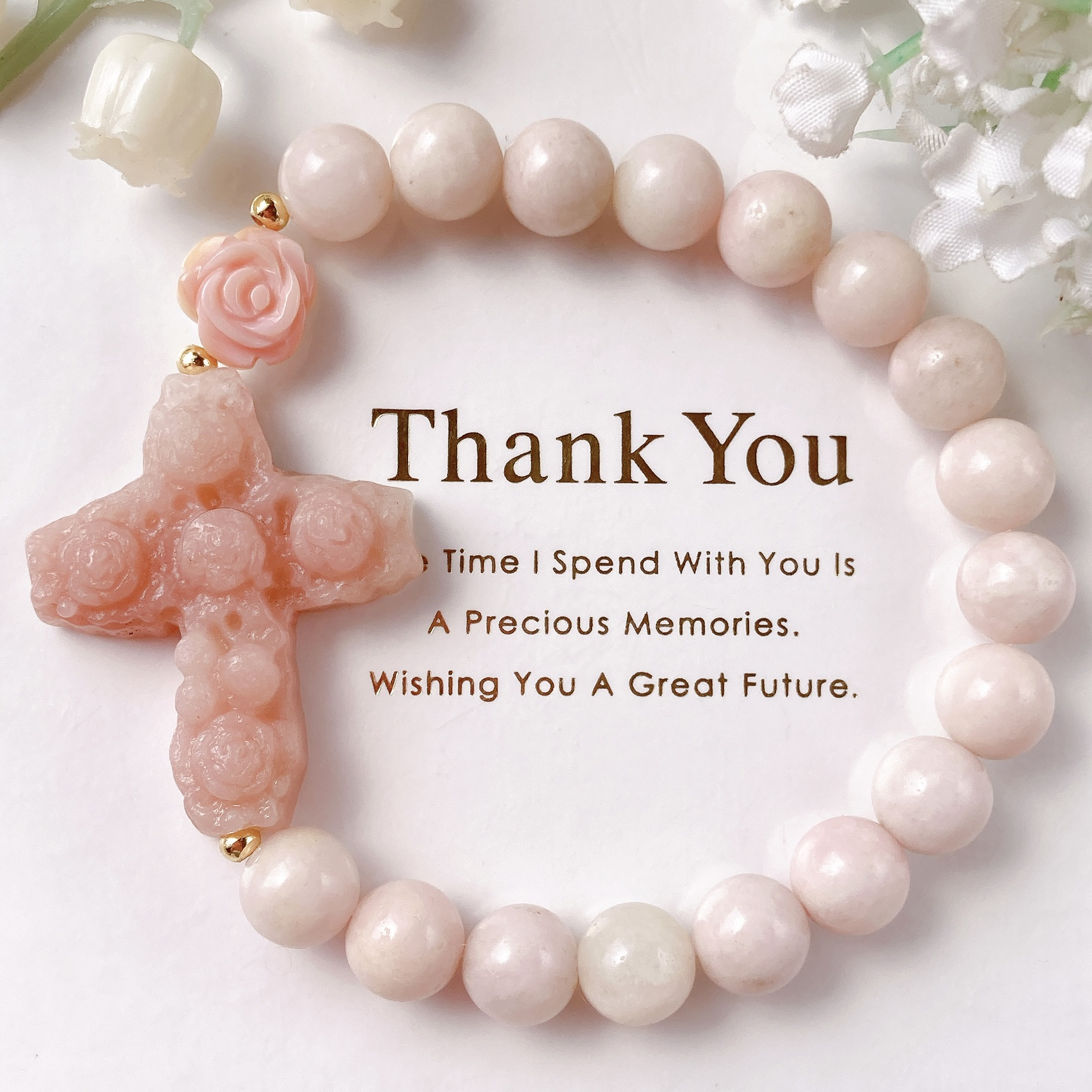 ˚✧₊⁎一点のみ˚✧₊⁎ ピンクオパール薔薇十字架ピンクアマゾナイト天然石ブレスレット