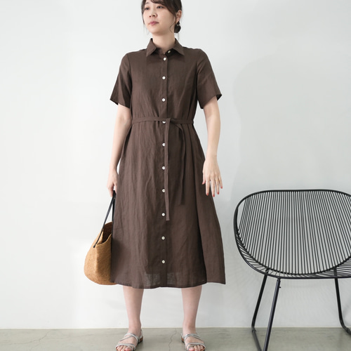 【美品】Plantation☆リネン混デザインワンピース 前あき 麻 ブラウン ラスト1点⭐︎前あき半袖Aワンピース・ リネンブラウン No.336