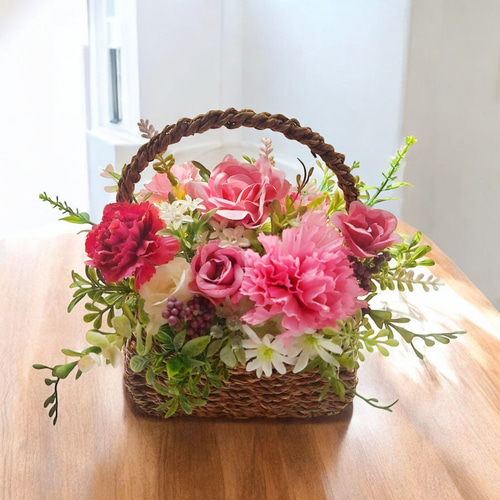 母の日ギフト》モーブピンクのバラとカーネーションのお花あふれる