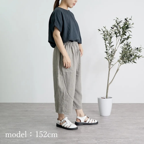 七分丈ガーゼバルーンパンツ/カーキ/知多木綿 格子柄ガーゼ