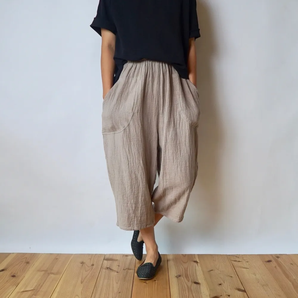 七分丈ガーゼバルーンパンツ/ピンクベージュ/知多木綿 格子柄ガーゼ