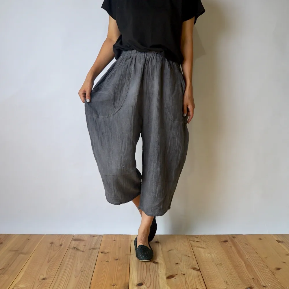 七分丈ガーゼバルーンパンツ/グレー/知多木綿 格子柄ガーゼ