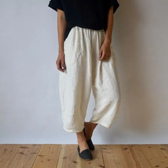 七分丈ガーゼバルーンパンツ/生成り/知多木綿 格子柄ガーゼ