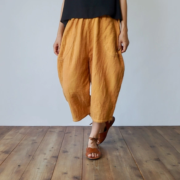 七分丈ガーゼバルーンパンツ/オレンジ/知多木綿 格子柄ガーゼ