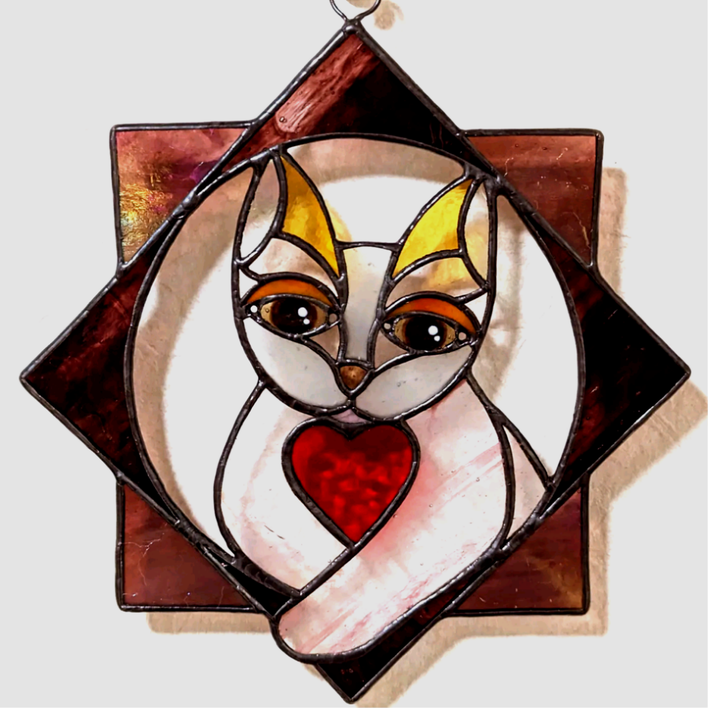 ハート猫のサンキャッチャー、壁掛け、窓辺にも、ステンドグラス猫の壁掛け