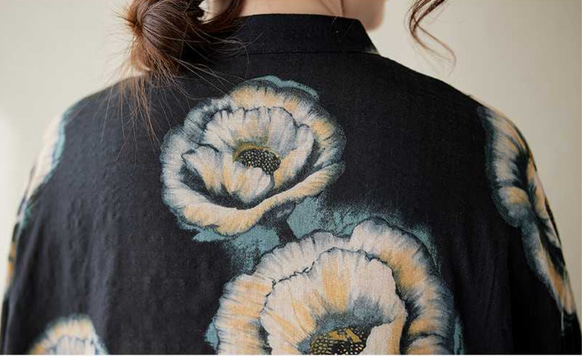 綿麻スタンドカラーワンピース . ゆったりワンピース . シャツワンピース . 七分袖ロングスカート 9枚目の画像