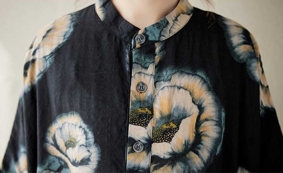 綿麻スタンドカラーワンピース . ゆったりワンピース . シャツワンピース . 七分袖ロングスカート 8枚目の画像