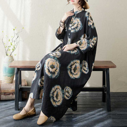 綿麻スタンドカラーワンピース . ゆったりワンピース . シャツワンピース . 七分袖ロングスカート 1枚目の画像