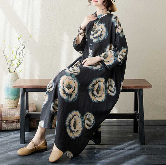 綿麻スタンドカラーワンピース . ゆったりワンピース . シャツワンピース . 七分袖ロングスカート 1枚目の画像