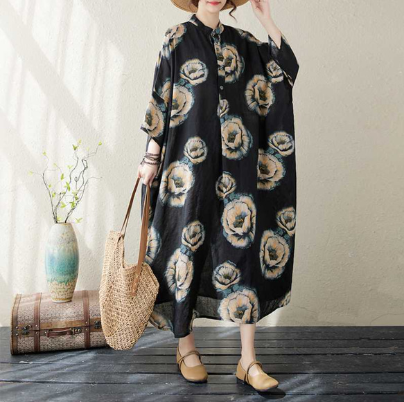 綿麻スタンドカラーワンピース . ゆったりワンピース . シャツワンピース . 七分袖ロングスカート 3枚目の画像