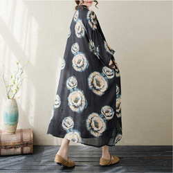 綿麻スタンドカラーワンピース . ゆったりワンピース . シャツワンピース . 七分袖ロングスカート 6枚目の画像