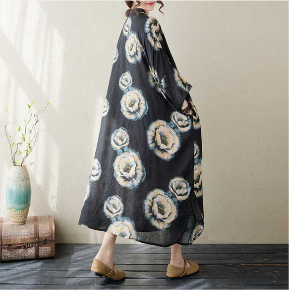 綿麻スタンドカラーワンピース . ゆったりワンピース . シャツワンピース . 七分袖ロングスカート 6枚目の画像