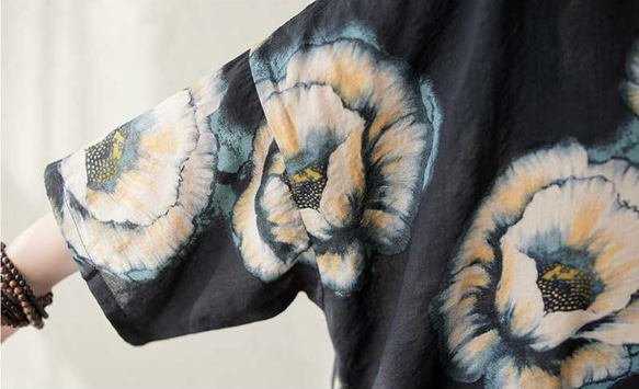 綿麻スタンドカラーワンピース . ゆったりワンピース . シャツワンピース . 七分袖ロングスカート 10枚目の画像