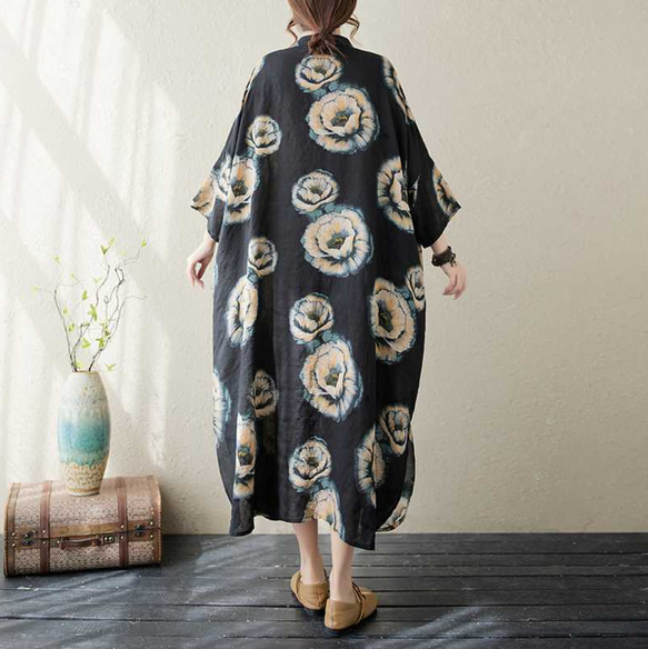 綿麻スタンドカラーワンピース . ゆったりワンピース . シャツワンピース . 七分袖ロングスカート 7枚目の画像